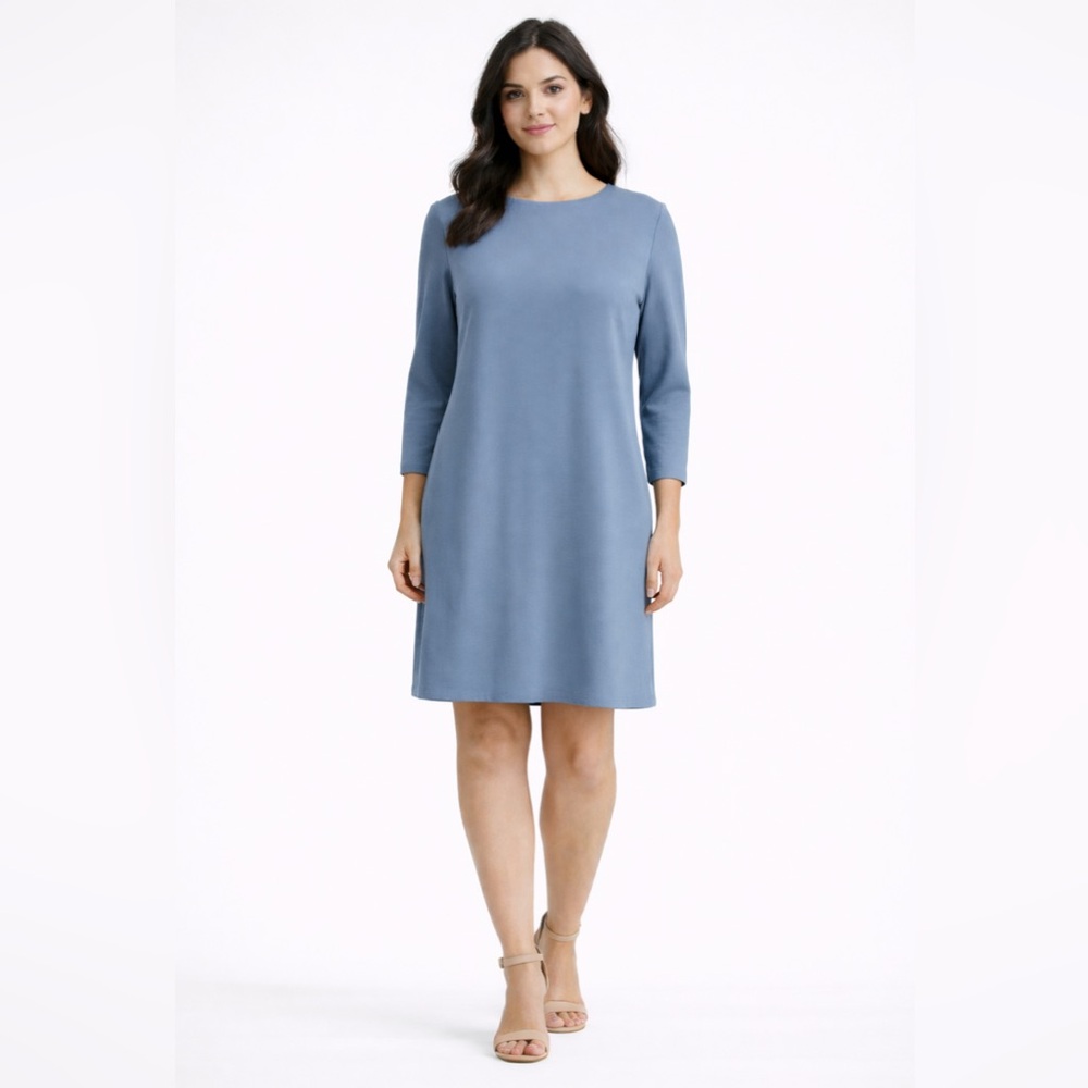 J. McLaughlin Shift Dress S Small Blue 3/4 Long Sleeve Stretch Pockets $225